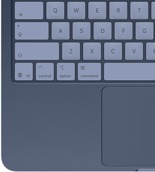 Vue de haut d’un MacBook Neo couleur indigo, avec touches assorties et trackpad Multi-Touch visible