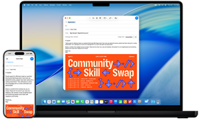 iPhone 16 et MacBook Pro 14 pouces — composition d’un e-mail sur l’iPhone, qui s’affiche aussi sur l’écran du MacBook Pro.
