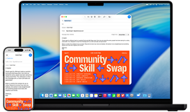 iPhone 16 et MacBook Pro 14 pouces — composition d’un e-mail sur l’iPhone, qui s’affiche aussi sur l’écran du MacBook Pro.