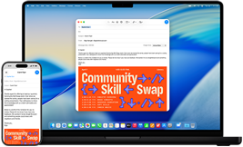 iPhone 16 et MacBook Pro 14 pouces — composition d’un e-mail sur l’iPhone, qui s’affiche aussi sur l’écran du MacBook Pro.