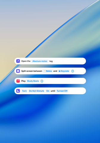Notifications de travail affichant Notes de cours, les options d’écran partagé, Apple Music et Ne pas déranger sur un fond ondulé bleu opaque