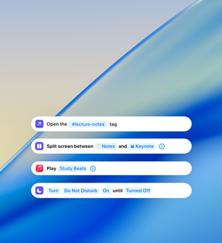 Notifications de travail affichant Notes de cours, les options d’écran partagé, Apple Music et Ne pas déranger sur un fond ondulé bleu opaque