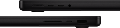 Vue rapprochée des ports d’un MacBook Pro – côté gauche : MagSafe 3, deux ports Thunderbolt et prise casque – côté droit : lecteur de carte SDXC, port Thunderbolt et port HDMI